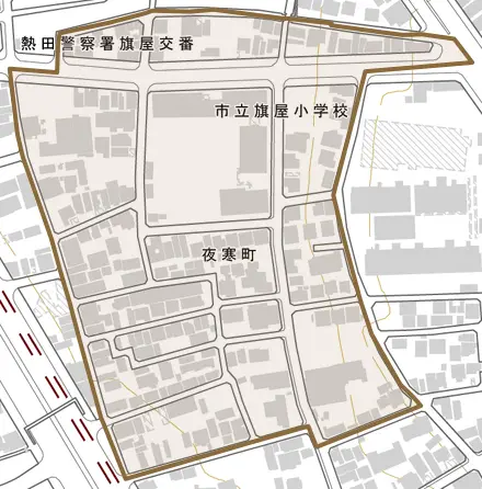 夜寒町とその周辺の地図。町の範囲を重ねている