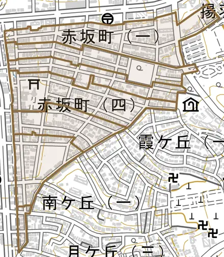 赤坂町とその周辺の地図。町の範囲を重ねている