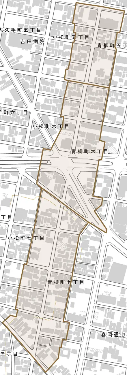 青柳町とその周辺の地図。町の範囲を重ねている