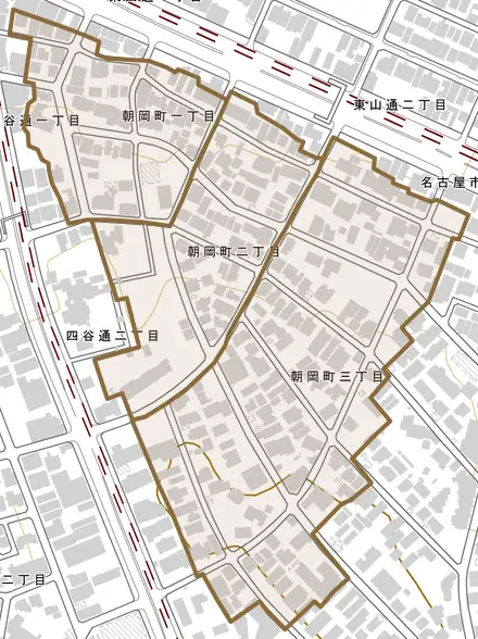朝岡町とその周辺の地図。町の範囲を重ねている