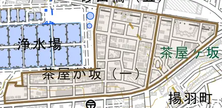 茶屋が坂とその周辺の地図。町の範囲を重ねている