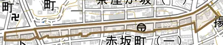 茶屋坂通とその周辺の地図。町の範囲を重ねている
