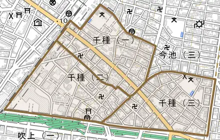 千種とその周辺の地図。町の範囲を重ねている