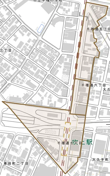 千種通とその周辺の地図。町の範囲を重ねている
