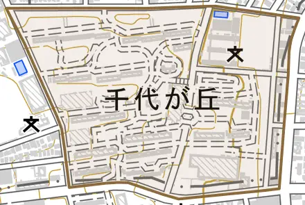 千代が丘とその周辺の地図。町の範囲を重ねている