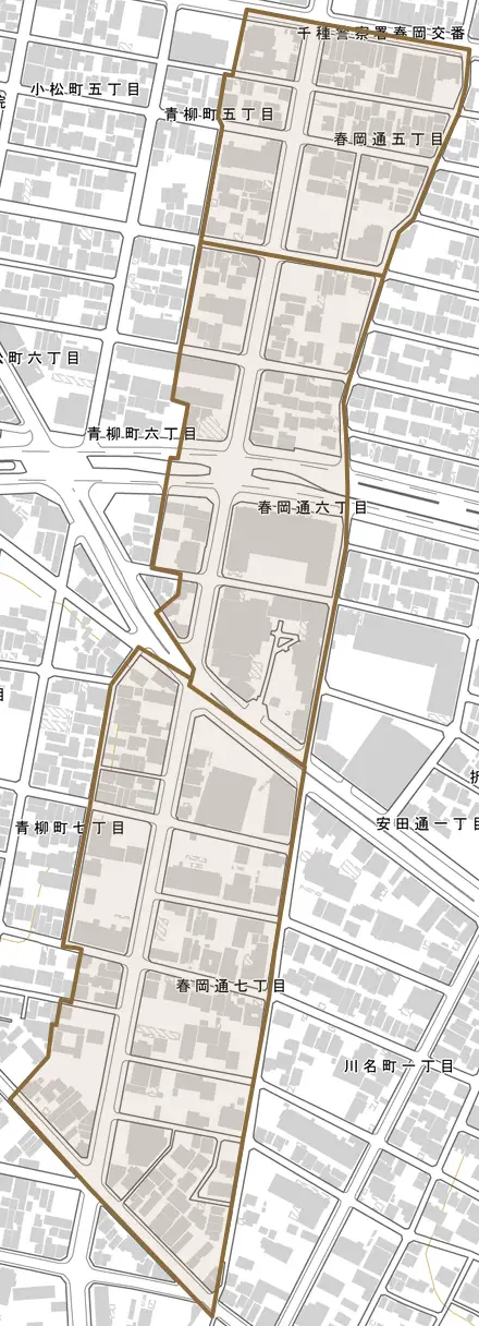 春岡通とその周辺の地図。町の範囲を重ねている