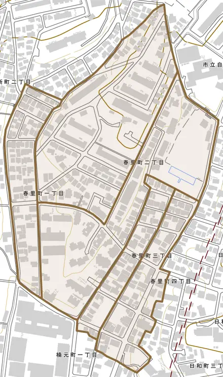 春里町とその周辺の地図。町の範囲を重ねている