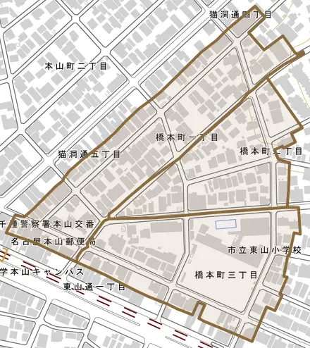 橋本町とその周辺の地図。町の範囲を重ねている