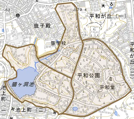 平和公園とその周辺の地図。町の範囲を重ねている