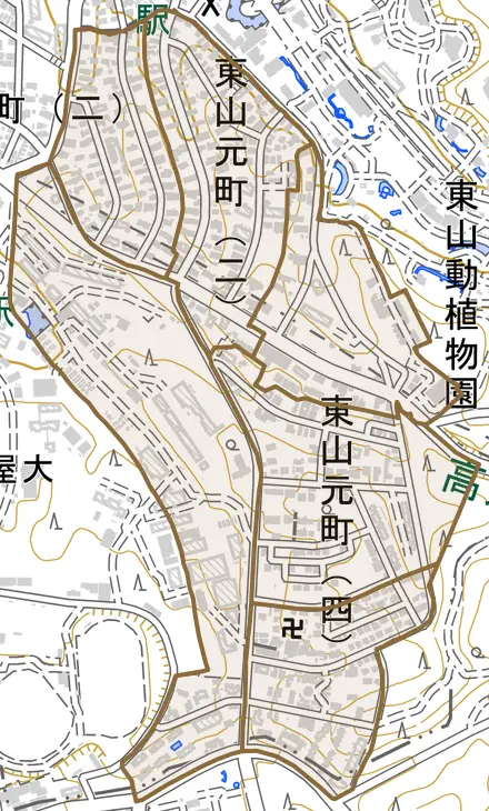 東山元町とその周辺の地図。町の範囲を重ねている