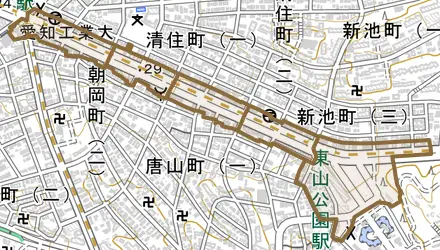 東山通とその周辺の地図。町の範囲を重ねている