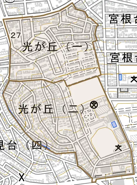 光が丘とその周辺の地図。町の範囲を重ねている