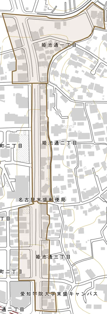 姫池通とその周辺の地図。町の範囲を重ねている