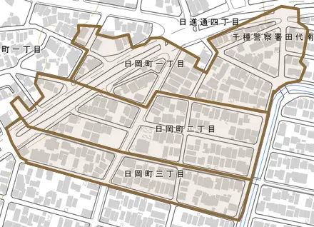 日岡町とその周辺の地図。町の範囲を重ねている
