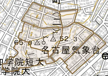日和町とその周辺の地図。町の範囲を重ねている