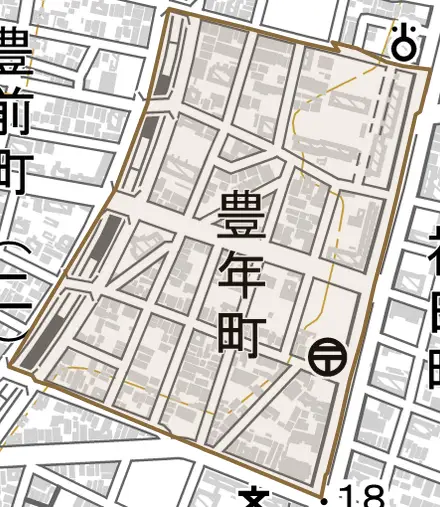豊年町とその周辺の地図。町の範囲を重ねている