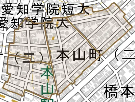本山町とその周辺の地図。町の範囲を重ねている