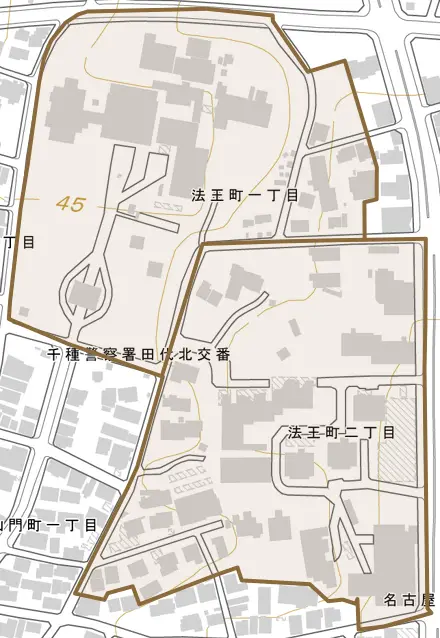 法王町とその周辺の地図。町の範囲を重ねている