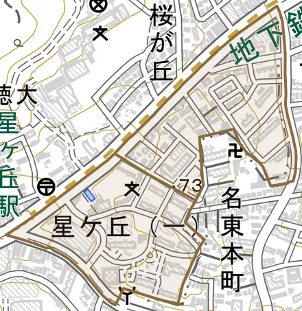 星ケ丘とその周辺の地図。町の範囲を重ねている
