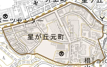 星が丘元町とその周辺の地図。町の範囲を重ねている