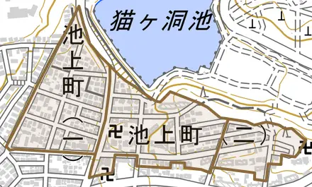 池上町とその周辺の地図。町の範囲を重ねている