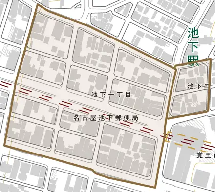 池下とその周辺の地図。町の範囲を重ねている