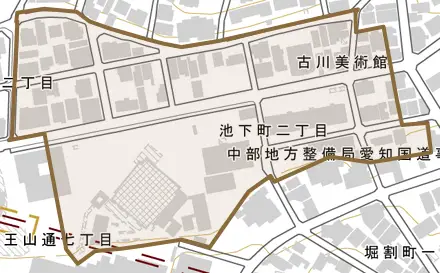 池下町とその周辺の地図。町の範囲を重ねている