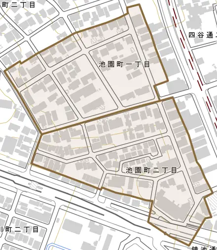 池園町とその周辺の地図。町の範囲を重ねている