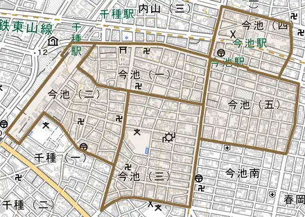今池とその周辺の地図。町の範囲を重ねている