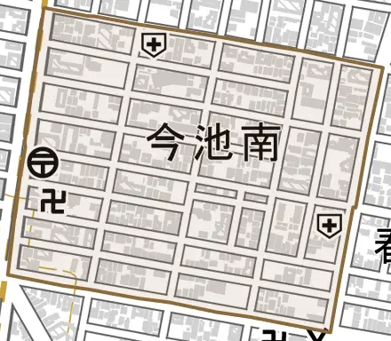 今池南とその周辺の地図。町の範囲を重ねている