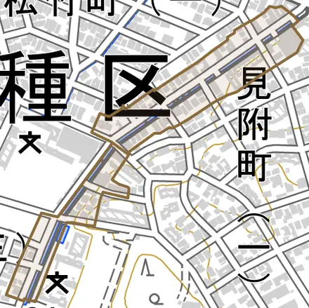 稲舟通とその周辺の地図。町の範囲を重ねている