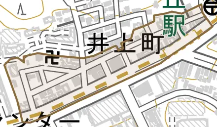 井上町とその周辺の地図。町の範囲を重ねている