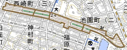 鏡池通とその周辺の地図。町の範囲を重ねている