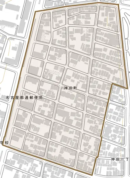 神田町とその周辺の地図。町の範囲を重ねている
