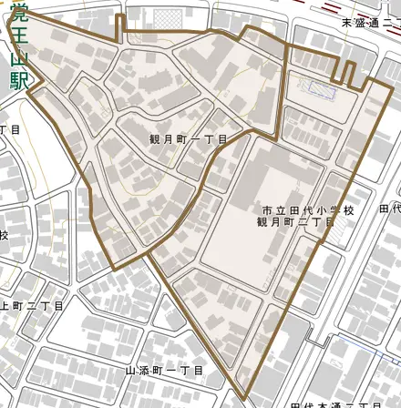 観月町とその周辺の地図。町の範囲を重ねている