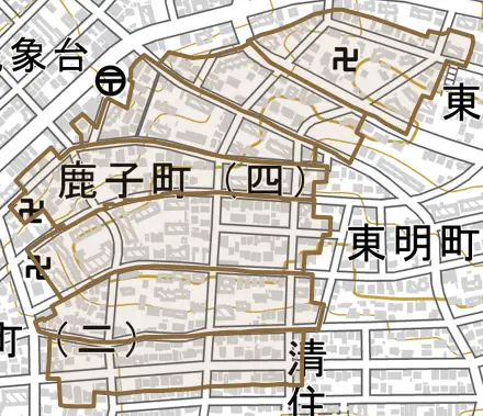 鹿子町とその周辺の地図。町の範囲を重ねている