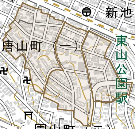 唐山町とその周辺の地図。町の範囲を重ねている