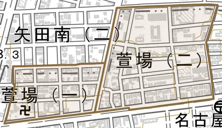 萱場とその周辺の地図。町の範囲を重ねている