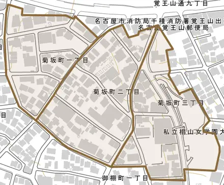菊坂町とその周辺の地図。町の範囲を重ねている