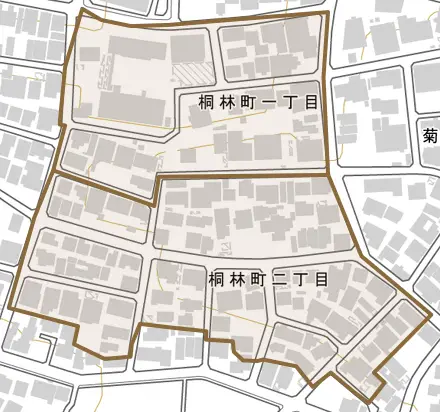 桐林町とその周辺の地図。町の範囲を重ねている