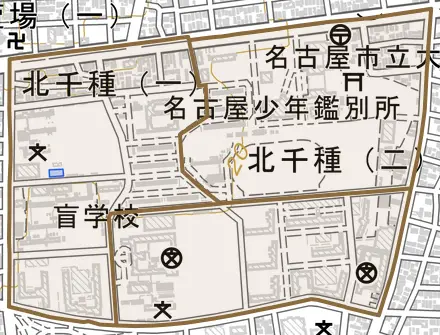 北千種とその周辺の地図。町の範囲を重ねている