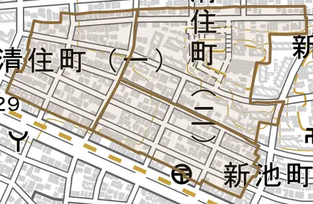 清住町とその周辺の地図。町の範囲を重ねている