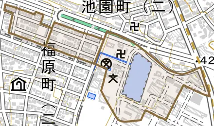 幸川町とその周辺の地図。町の範囲を重ねている