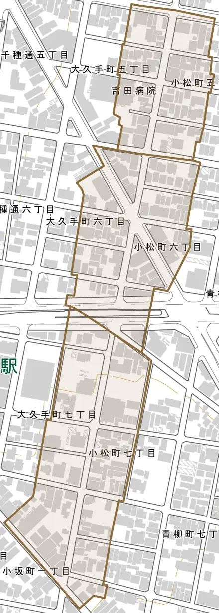 小松町とその周辺の地図。町の範囲を重ねている