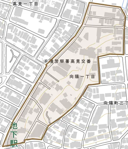 向陽とその周辺の地図。町の範囲を重ねている