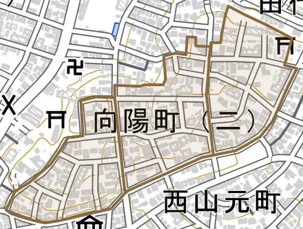 向陽町とその周辺の地図。町の範囲を重ねている