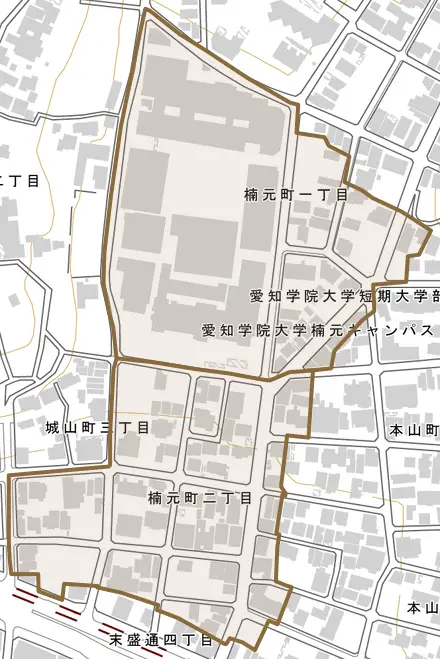楠元町とその周辺の地図。町の範囲を重ねている