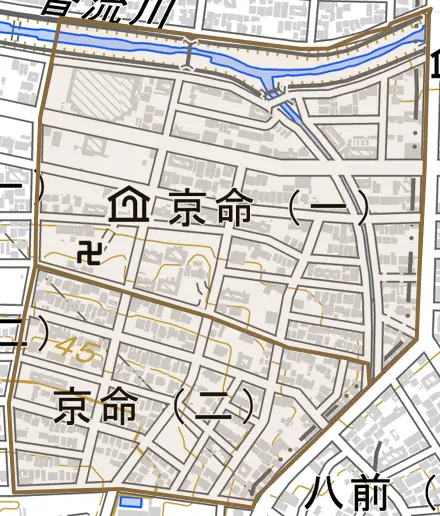 京命とその周辺の地図。町の範囲を重ねている