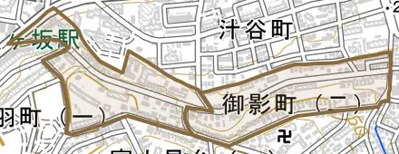 御影町とその周辺の地図。町の範囲を重ねている