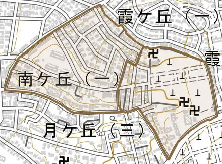 南ケ丘とその周辺の地図。町の範囲を重ねている